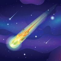 Comet falls with sparkling and speed trail in sky space. Cartoon illustration vector