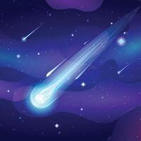 Comet falls with blue fire trail in the starry sky space. Asteroid or meteorite flying in night sky. Cartoon illustration vector