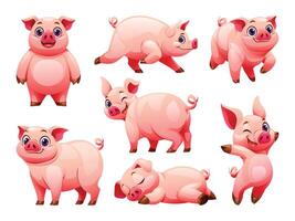 Set of pig in various poses. Cartoon illustration vector