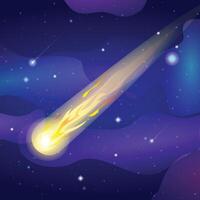 Sparkling comet falls with fire trail in sky space. Cartoon illustration vector