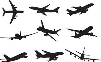 set of passenger aircraft silhouettes. Shadows of iron birds, airplanes, air liners. vector