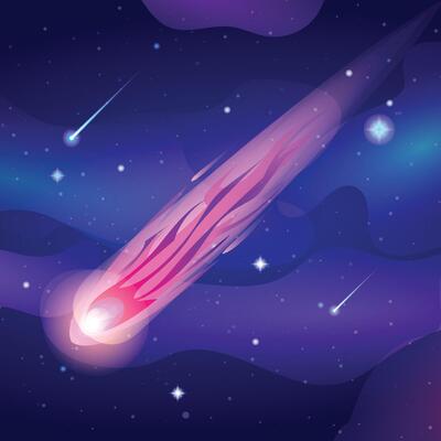Comet falls with speed trail in the starry sky space. Asteroid or meteorite flying in night sky. Cartoon illustration