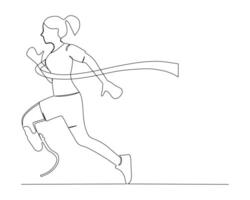 Continuous single line drawing of Disabled woman with artificial leg reaches the finish line in first place in a running race. Healthy sport training concept. Competition event. Design illustration vector