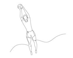 continuo soltero línea dibujo de ver desde el frente de un masculino vóleibol atleta saltando a pasar el pelota a su equipo. deporte formación concepto. vóleibol competencia. diseño ilustración vector