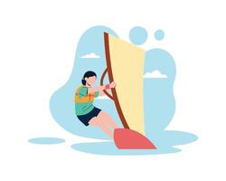 joven mujer hacer ejercicio remo en un bote. deporte y recreación ocupaciones concepto. sencillo plano diseño en activo sano estilo de vida ilustración vector