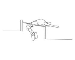 Continuous single line drawing of young energetic man exercise jump high to pass the bar. Healthy sport training concept. Competition event design illustration vector