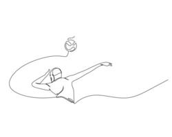 continuo soltero línea dibujo de ver desde abajo de hembra vóleibol atleta saltando alto a aplastar. deporte formación concepto. vóleibol competencia ilustración diseño vector