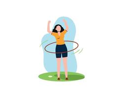 joven mujer es haciendo hula aro en el parque en el Mañana. deporte y recreación ilustración. saludable vida concepto en plano estilo diseño. vector