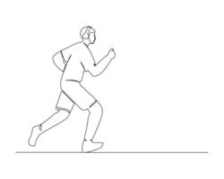 Continuous single line drawing of young man is jogging using headset and listening to music. Healthy sport training concept. Competition event design illustration vector