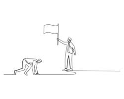 Continuous single line drawing of young energetic runner ready to sprint at start line in front of a man in a tie and suit who is holding a flag. Healthy sport training and competition event concept vector