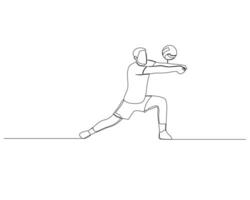 continuo soltero línea dibujo de masculino vóleibol atleta allanamiento a bloquear pelota ataque desde adversario. deporte formación concepto. vóleibol competencia ilustración vector