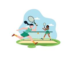 Two young women practice tennis together. sport and recreation activities concept. Simple flat design in active healthy lifestyle illustration vector