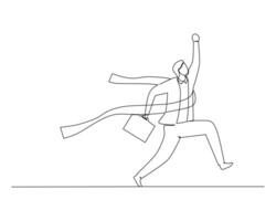 Continuous single line drawing of young energetic runner ready to sprint at start line in front of a man in a tie and suit who is holding a suitcase. winning in business concept vector