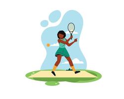 joven mujer preparando a golpear un tenis pelota en tenis práctica. deporte y recreación ocupaciones en plano estilo diseño. saludable vida ilustración vector