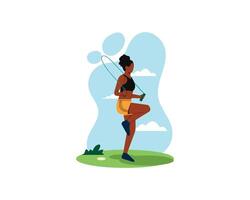 Young woman exercising a jumping rope in the park in the morning. sport and recreation illustration. Healty life in flat style design. vector