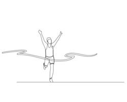 Continuous single line drawing of male runner celebrating because he reached the finish line in first place. Healthy sport training concept. Design illustration vector