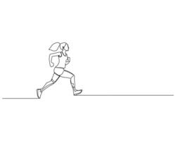 Continuous single line drawing of side view of a young woman with a sporty style jogging on a straight track. Healthy sport training concept design illustration vector