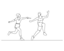 Continuous single line drawing of The female runner will hand over the baton to her male teammate. Healthy sport training concept. Competition event Design illustration vector