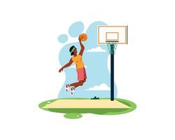 hembra baloncesto jugador mates el pelota mientras saltando alto. deporte y recreación concepto. sano estilo de vida ilustración en estilo plano diseño vector