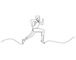 Continuous single line drawing of side view of woman with short hair is running fast on an uphill track. Healthy sport training concept. Competition event. Design illustration vector