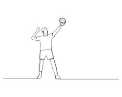 continuo soltero línea dibujo de masculino vóleibol atleta levanta el pelota encima su cabeza como él es acerca de a atender. deporte formación concepto. vóleibol competencia ilustración vector