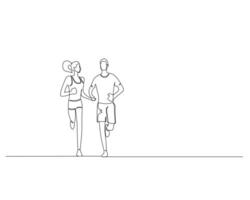 Continuous single line drawing of view from the front of a couple jogging together while holding hands. Healthy sport training concept illustration design vector