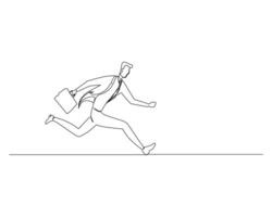 Continuous single line drawing of side view of a man in a tie carrying a suitcase was running fast towards his destination. Healthy sport training concept. Design illustration vector