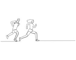 Continuous single line drawing of side view of a male runner running a race with a woman in front of him. Healthy sport training concept. Design illustration vector