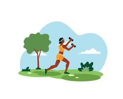 Young woman exercising using weights in both hands. healty lifstyle and recreation. Flat style design for sport and leisure activity concept. vector