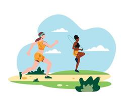 Two young women, one jogging and the other jumping rope in the park. sport and recreation conept. Simple flat style design for healthy life illustration vector