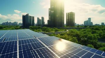 Solar Panel With City Skyline. photo