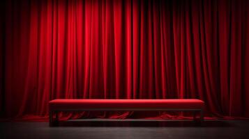 Stage With Red Curtain and Bench. photo