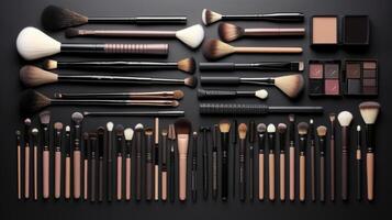 Makeup Cosmetics and Brushes Arranged on Black Surface. photo