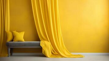 Yellow Room With Bench and Curtains. photo