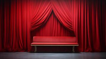 Red Couch in Front of Red Curtain. photo