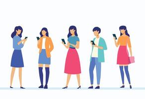 A set of illustration of mobile user. Characters with smartphones in hands. Men, women use cellphones. Flat illustration isolated on white background vector