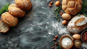 Freshly baked breads surrounded by food and spices on dark background. photo