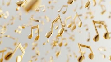 Golden music notes flying in the air against a white background, rendered in 3D. photo