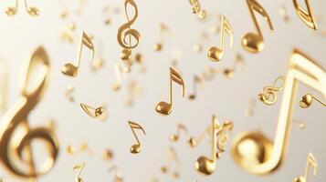 Golden music notes flying in the air against a white background, rendered in 3D. photo