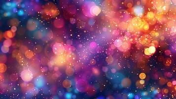 A background of colorful lights and bokeh particles in space. photo