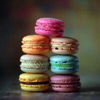 Assortment of delicate macarons, vibrant colors, soft matte finish, stacked artfully. photo