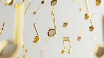 Golden music notes flying in the air against a white background, rendered in 3D. photo