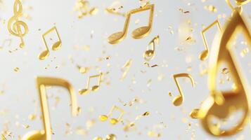 Golden music notes flying in the air against a white background, rendered in 3D. photo