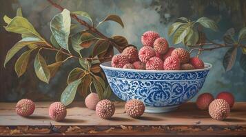 A bowl of pink red lychees in a blue and white porcelain bowl with patterns on a wooden table. photo