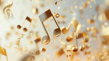 Golden music notes flying in the air against a white background, rendered in 3D. photo