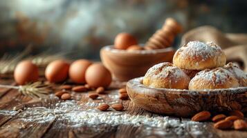 Freshly baked breads surrounded by food and spices on dark background. photo