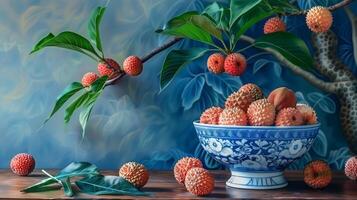 A bowl of pink red lychees in a blue and white porcelain bowl with patterns on a wooden table. photo