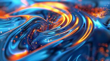 An abstract background with swirling colors of blue and orange with golden glowing lights. photo