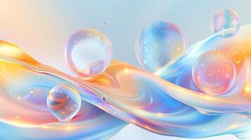 A futuristic background with pastel blue and orange soft glow bubbles of abstract shapes. photo