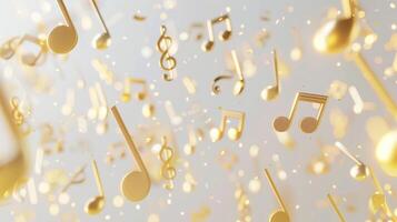 Golden music notes flying in the air against a white background, rendered in 3D. photo